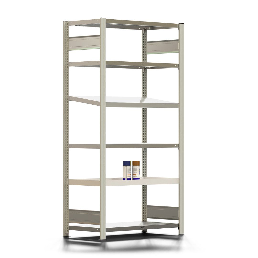 Fachbodenregal mit Auffangwanne - 150 kg - 4 Fachböden - 1 Schrägboden - 2.000 x 1.005 x 500 mm (HxBxT) - Anbauregal - verzinkt