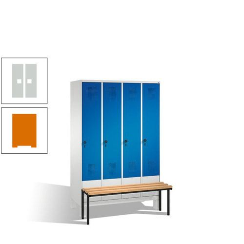 Stahl-Garderobenschrank, Spind, Buche Sitzbank vorgebaut, 4 Abteile a 300 mm, Korpus Lichtgrün, Tür Schwefelgelb, 1.850 x 1.200 x 815 mm (HxBxT)