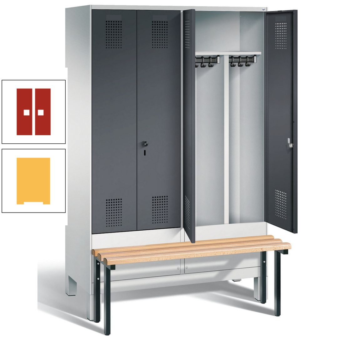 Doppel-Spind, Garderobenschrank, Buche Sitzbank vorgebaut, 4 Abteile a 300 mm, Korpus feuerrot, Tür Wasserblau, 1.850 x 1.200 x 815 mm (HxBxT)