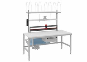 OTTOKIND Packtisch, manuell höhenverstellbar 718 - 1.018 mm, 1.685 x 800 mm (BxT), Rollenhalter, Schneidevorrichtung, Ablageböden, Schublade, Schuko