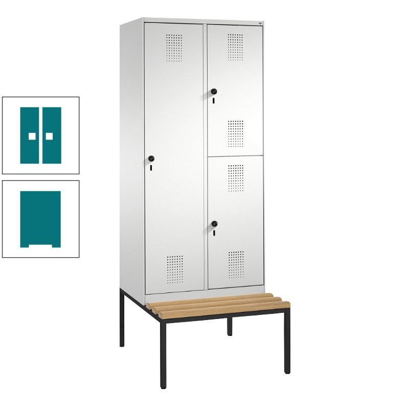 Garderobenschrank, Spind ein- und doppelstöckig Sitzbank, 2 Abteile, 3 Fächer, 2.090 x 800 x 500 mm (HxBxT), Front anthrazitgrau, Korpus anthrazitgrau
