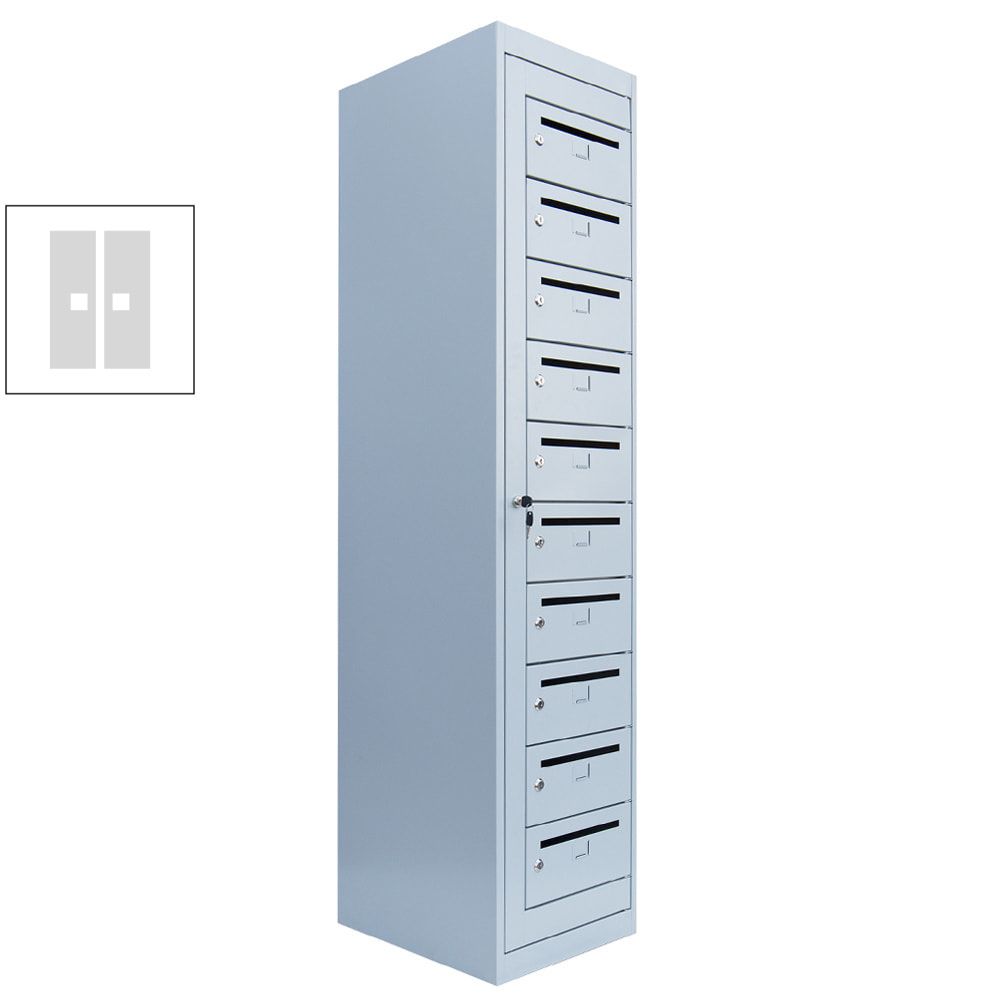 Postverteilerschrank, Ausgabeschrank, Fächerschrank, Zentraltür, 1 Abteil, 10 Fächer, 1.800 x 400 x 500 mm (HxBxT), Korpus lichtgrau, Front enzianblau