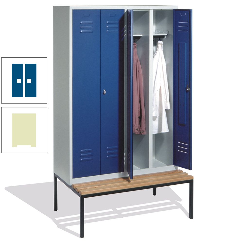 Doppel-Spindschrank, Buche Sitzbank untergebaut, 4 Abteile a 300 mm, Korpus lichtgrau, Tür anthrazitgrau, 2.090 x 1.190 x 815 mm (HxBxT)