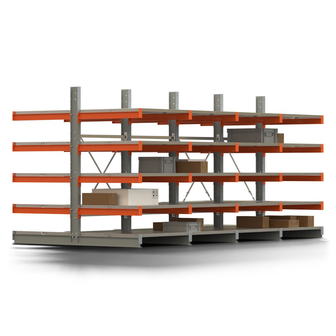 Doppelseitiges Kragarmregal mit Fachböden, 2 Felder, 2.000 x 2.000 (HxB), Nutztiefe 1.000 mm, Kragarmlast 450 kg, KARL basic, silbergrau/reinorange