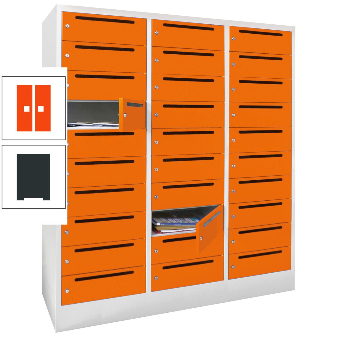 Postverteilerschrank, Schließfachschrank, 3 Abteile a 40 cm, 30 Fächer, 1.850 x 1.200 x 500 mm (HxBxT), Korpus anthrazitgrau, Front anthrazitgrau