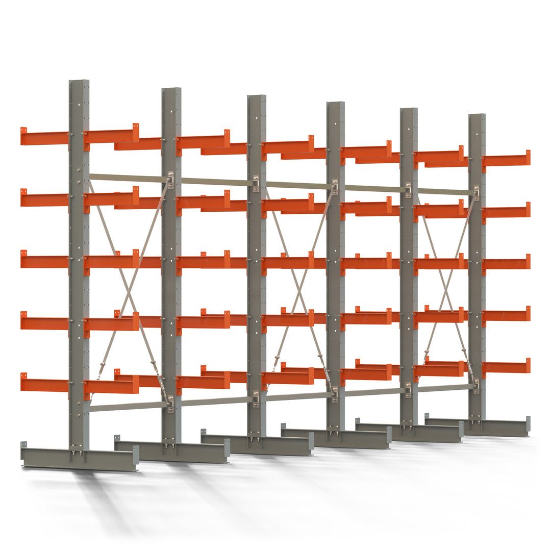 Doppelseitiges Kragarmregal, 2 Felder, 2.500 x 2.000 x 1.120 mm (HxBxT), Nutztiefe 500 mm, Kragarmlast 870 kg, KARL basic, silbergrau/reinorange