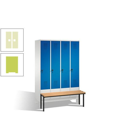 Stahl-Garderobenschrank, Spind, Buche Sitzbank vorgebaut, 4 Abteile a 300 mm, Korpus Lichtgrün, Tür Schwefelgelb, 1.850 x 1.200 x 815 mm (HxBxT)