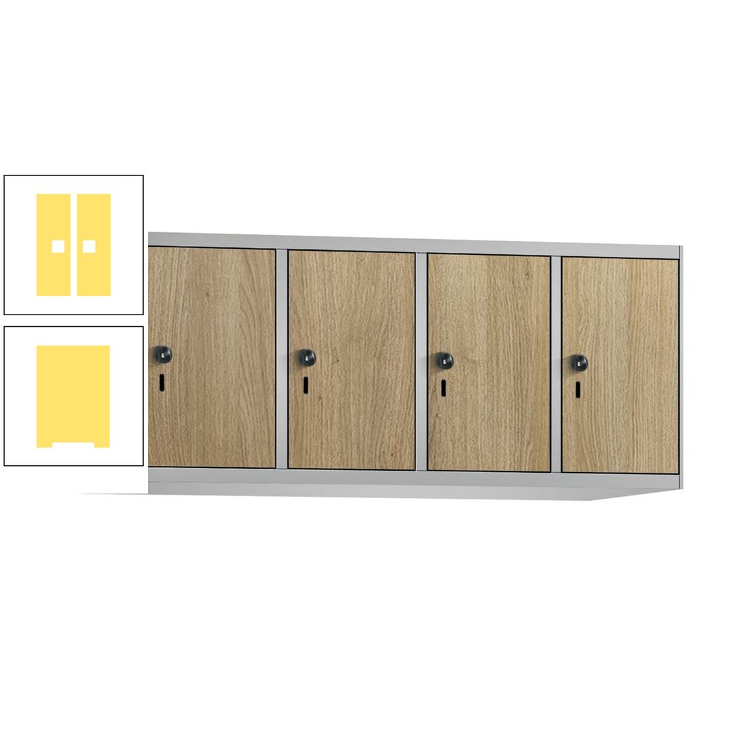 Aufsatzschrank, Schrankaufsatz, 4 Fächer a 300 mm, Farbe Pastellgelb, Tür anthrazitgrau, 500 x 1.200 x 500 mm (HxBxT)