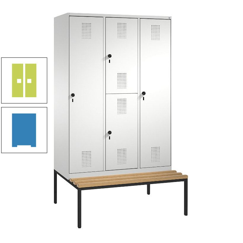 Garderobenschrank, Spind ein- und doppelstöckig Sitzbank, 3 Abteile, 4 Fächer, 2.090x1.200x500 mm (HxBxT), Front anthrazitgrau, Korpus anthrazitgrau