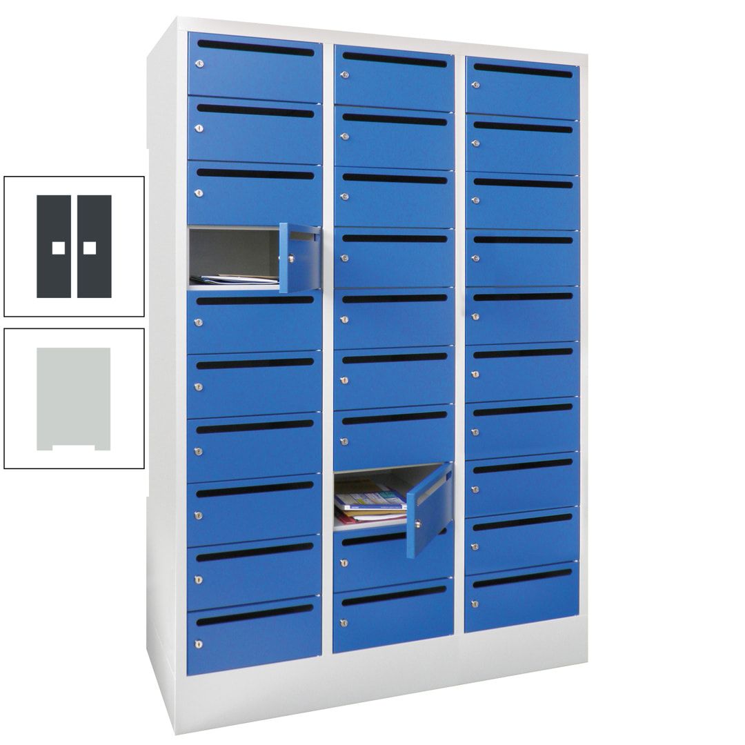 Postverteilerschrank, Schließfachschrank, 3 Abteile a 300 mm, 30 Fächer, 1.850 x 900 x 500 mm (HxBxT), Korpus anthrazitgrau, Front anthrazitgrau