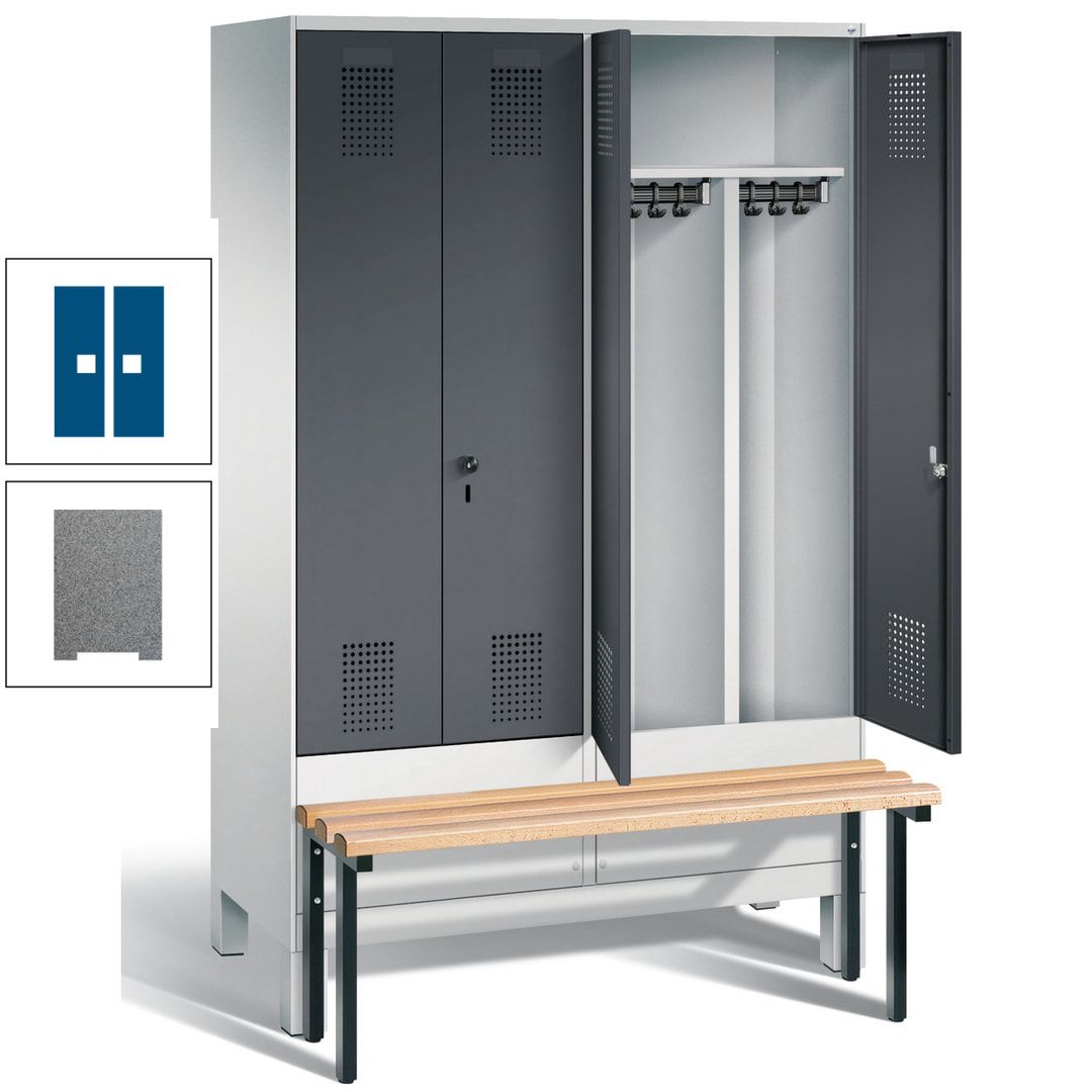 Doppel-Spind, Garderobenschrank, Buche Sitzbank vorgebaut, 4 Abteile a 300 mm, Korpus feuerrot, Tür Wasserblau, 1.850 x 1.200 x 815 mm (HxBxT)
