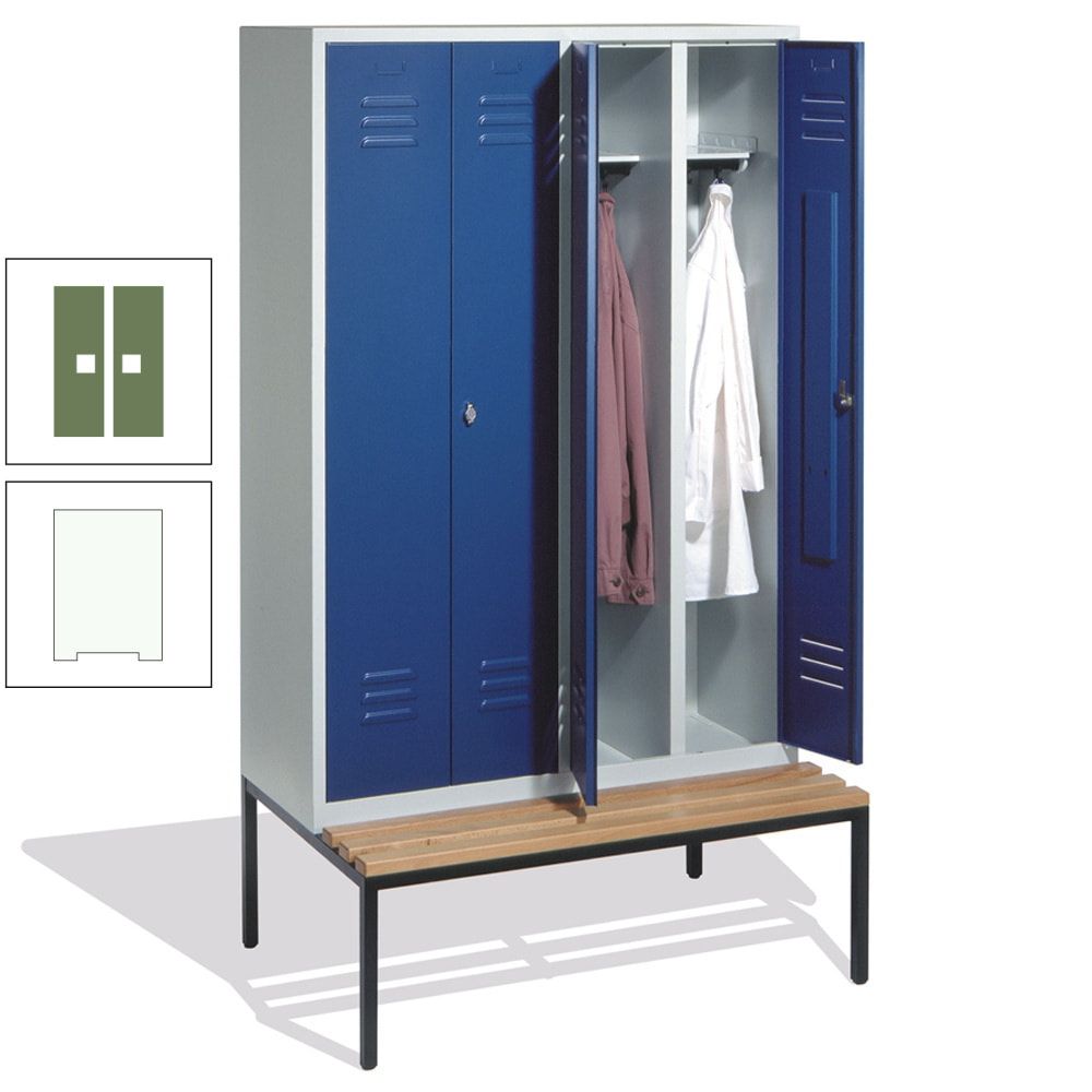 Doppel-Spindschrank, Buche Sitzbank untergebaut, 4 Abteile a 300 mm, Korpus lichtgrau, Tür anthrazitgrau, 2.090 x 1.190 x 815 mm (HxBxT)