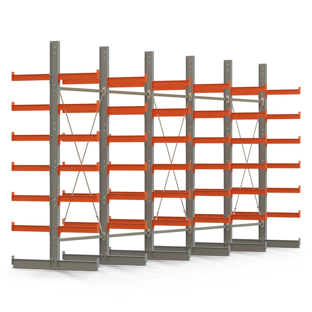 Doppelseitiges Kragarmregal, 2 Felder, 3.000 x 2.560 x 1.120 mm (HxBxT), Nutztiefe 500 mm, Kragarmlast 870 kg, KARL basic, silbergrau/reinorange