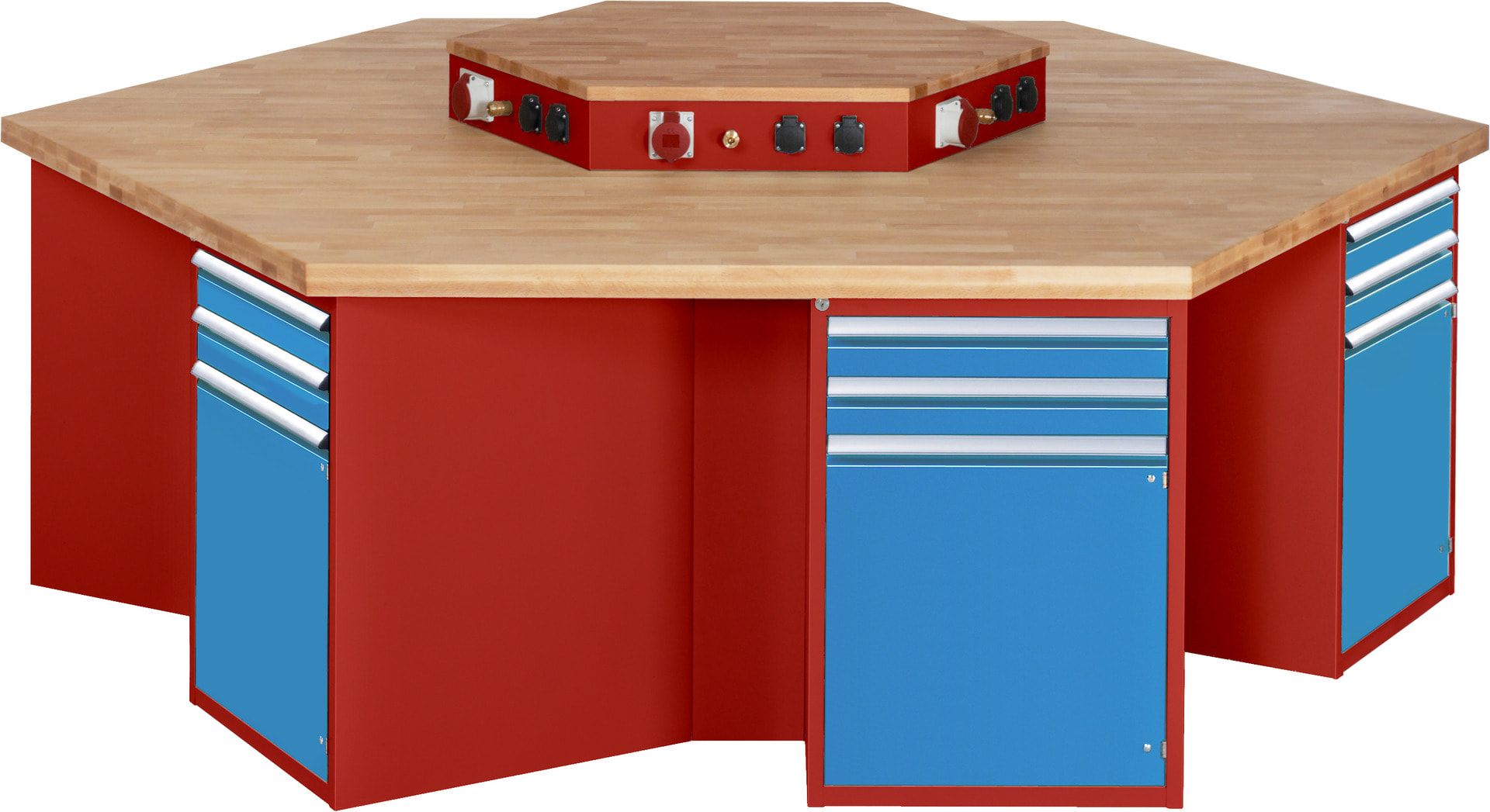 Gruppenwerkbank, Buche, Höhe 840 mm, mit Energieaufsatz, Unterbau-Container, 2 Schubladen, 1 Tür, 1 Boden - Anthrazitgrau