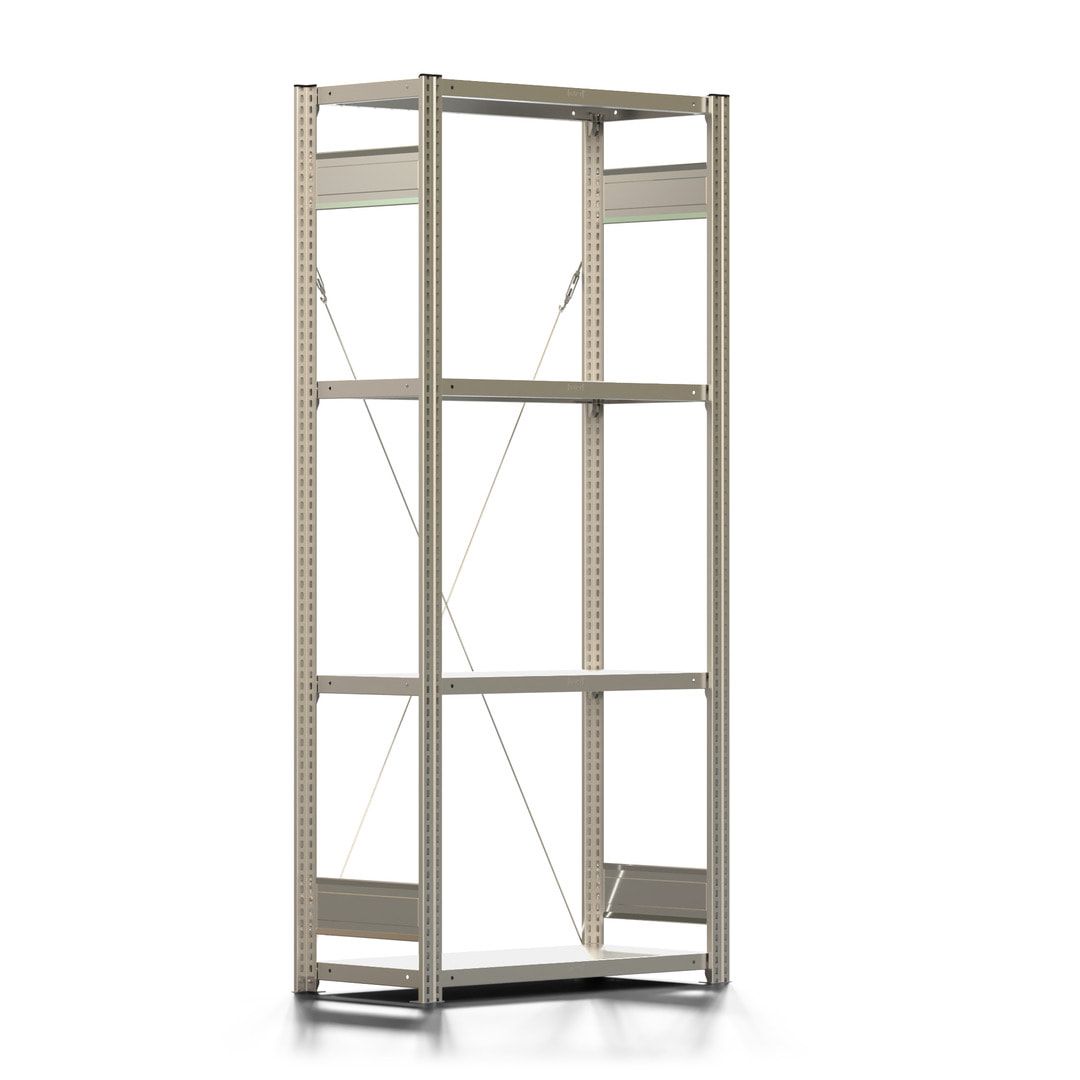 Fachbodenregal mit Tiefenriegel - 150 kg - 2.000 x 875 x 400 mm (HxBxT) - verzinkt 4 Böden - Anbauregal, Steckregal, Lagerregal, BERT