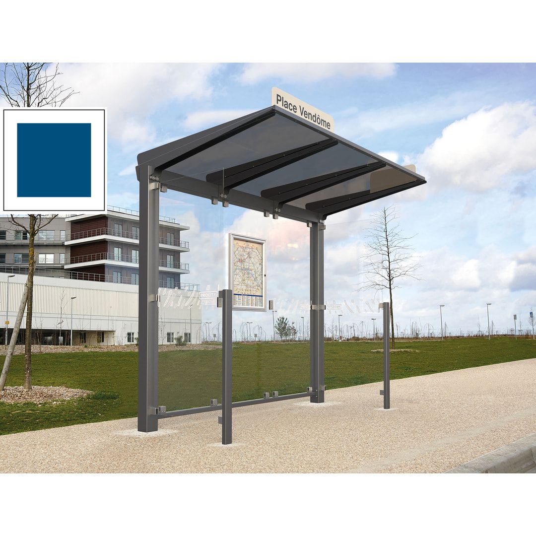 Buswartehalle - Unterstand - ESG - 2 Seitenverkleidungen - Fahrplankasten - Haltestellenschild - LED - 2.390 x 2.500 x 1.500 mm (HxBxT) - enzianblau