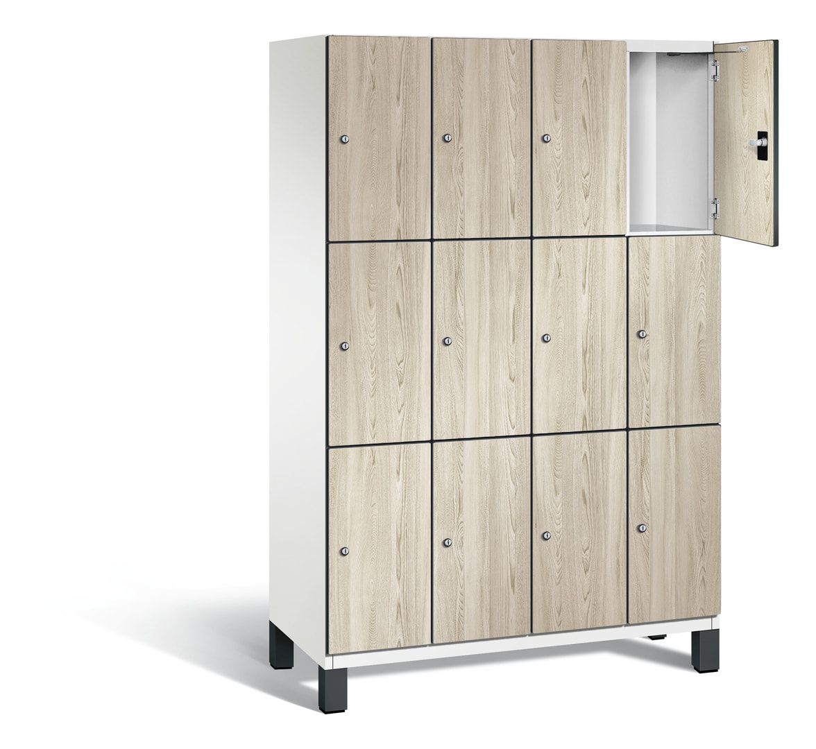 Fächerschrank, Stahlschrank, 12 Fächer, Türöffnungsbegrenzer, Füße, Korpus anthrazitgrau, Dekorfront HPL Donau-Ahorn, 1.980 x 1.200 x 525 mm (HxBxT)