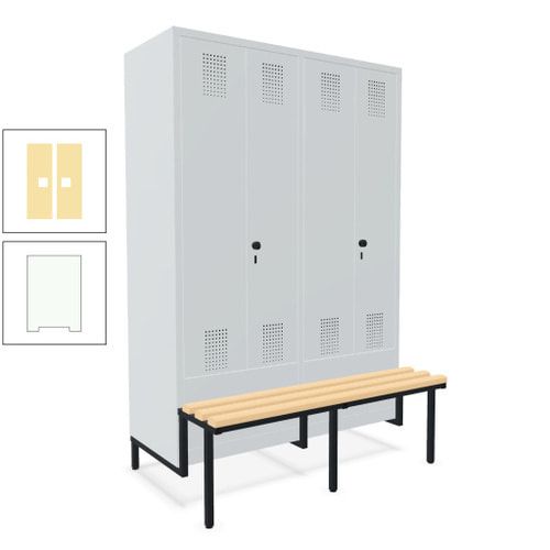 Doppel-Spind, Garderobenschrank, Buche Sitzbank integriert, 4 Abteile 300 mm, Korpus anthrazitgrau, Tür anthrazitgrau, 1.850 x 1.200 x 815 mm (HxBxT)
