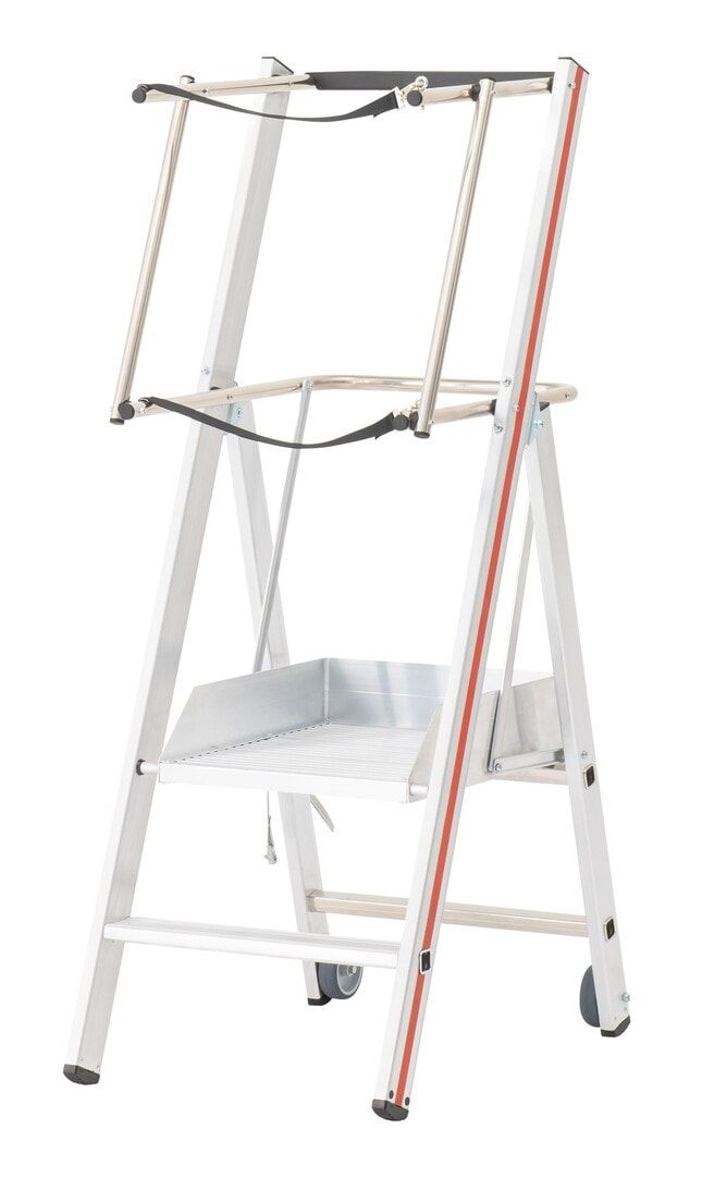 Plattformleiter mit kurzem Handlauf, Absturzsicherung, 2 Kipprollen, Rutschhemmung R11, Leiterlänge 1.610 mm, 2 Stufen, Traglast 150 kg, Hymer