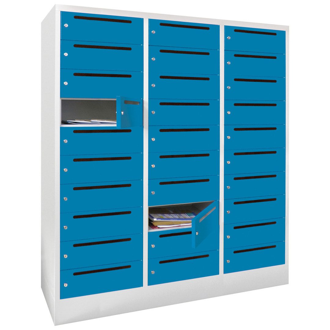 Postverteilerschrank, Schließfachschrank, 3 Abteile a 40 cm, 30 Fächer, 1.850 x 1.200 x 500 mm (HxBxT), Korpus anthrazitgrau, Front anthrazitgrau