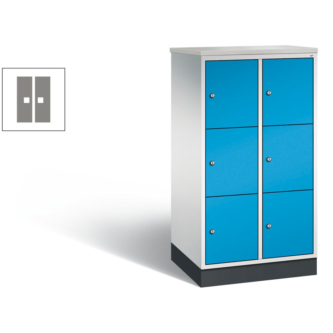 Schließfachschrank, Fächerschrank, 2 Abteile, 6 Fächer, Zylinderschloss, 1.250 x 620 x 500 mm (HxBxT), Korpus Fernblau, Tür anthrazitgrau