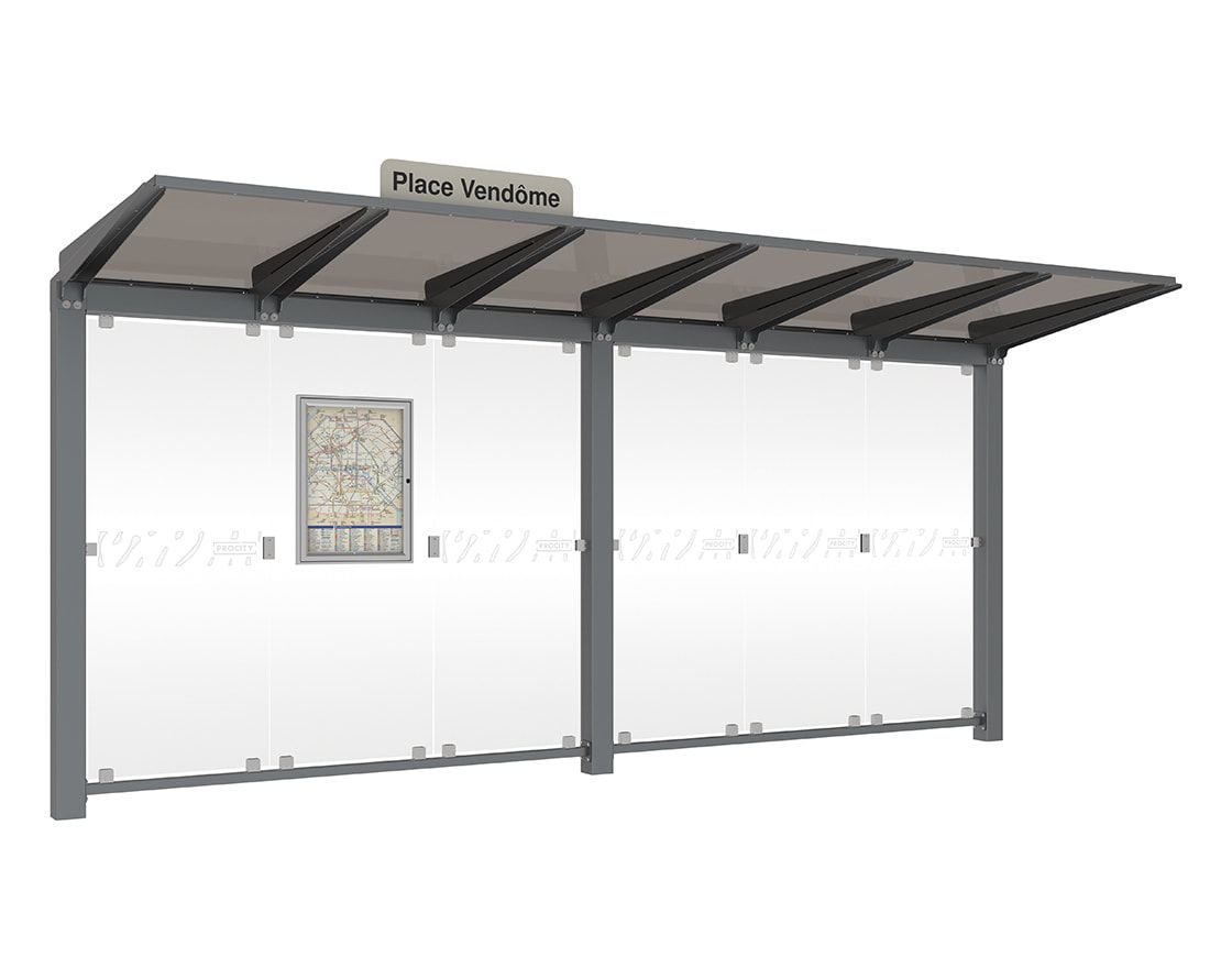 Buswartehalle, Haltestelle, Unterstand, ESG, Fahrplankasten, Haltestellenschild, enzianblau, 2.390 x 5.000 x 1.500 mm (HxBxT)