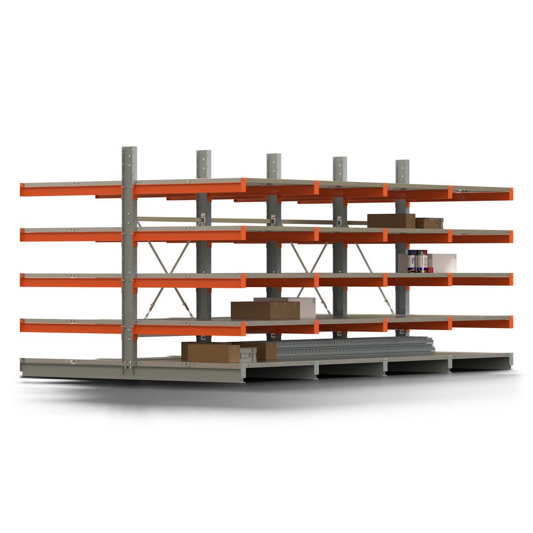 Doppelseitiges Kragarmregal mit Fachböden, 2 Felder, 2.000 x 2.000 (HxB), Nutztiefe 1.000 mm, Kragarmlast 450 kg, KARL basic, silbergrau/reinorange