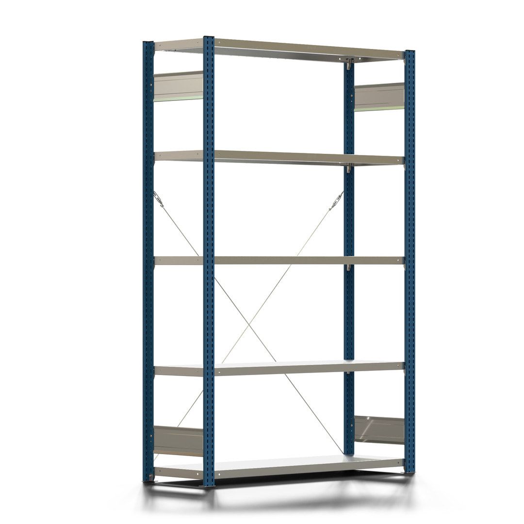 Fachbodenregal mit Tiefenriegel - 350 kg - 2.000 x 1.285 x 426 mm (HxBxT) - Anbauregal - 5 Böden - enzianblau - Lagerregal - Steckregal BERT