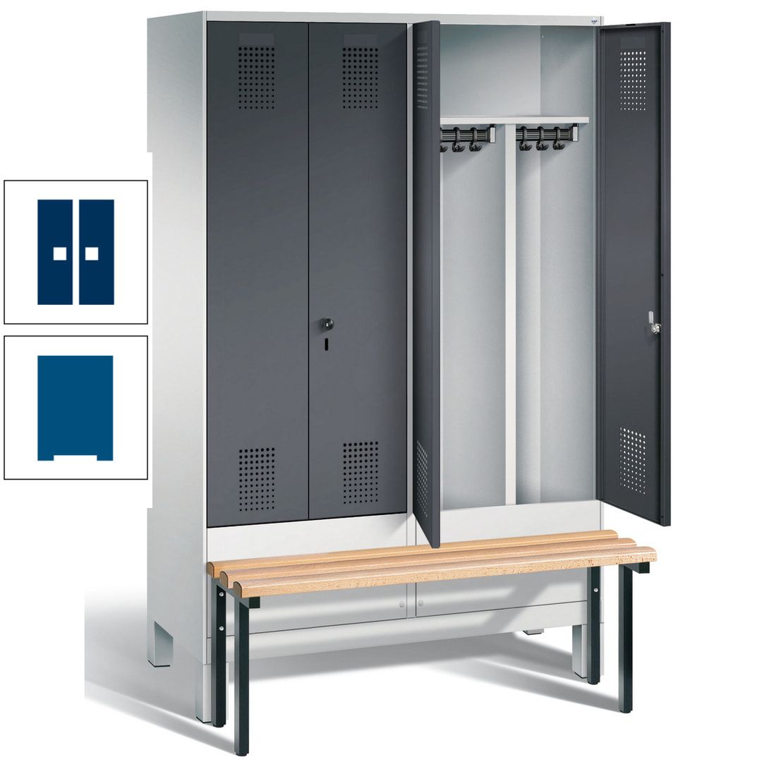 Doppel-Spind, Garderobenschrank, Buche Sitzbank vorgebaut, 4 Abteile a 300 mm, Korpus feuerrot, Tür Wasserblau, 1.850 x 1.200 x 815 mm (HxBxT)