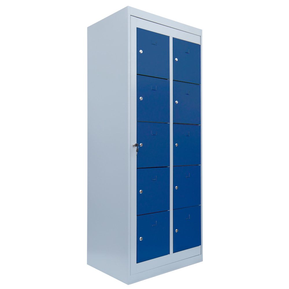 Verteilerschrank, Ausgabeschrank, Fächerschrank, Zentraltür, 2 Abteile, 10 Fächer, 1.800 x 740 x 500 mm (HxBxT), Korpus lichtgrau, Front enzianblau