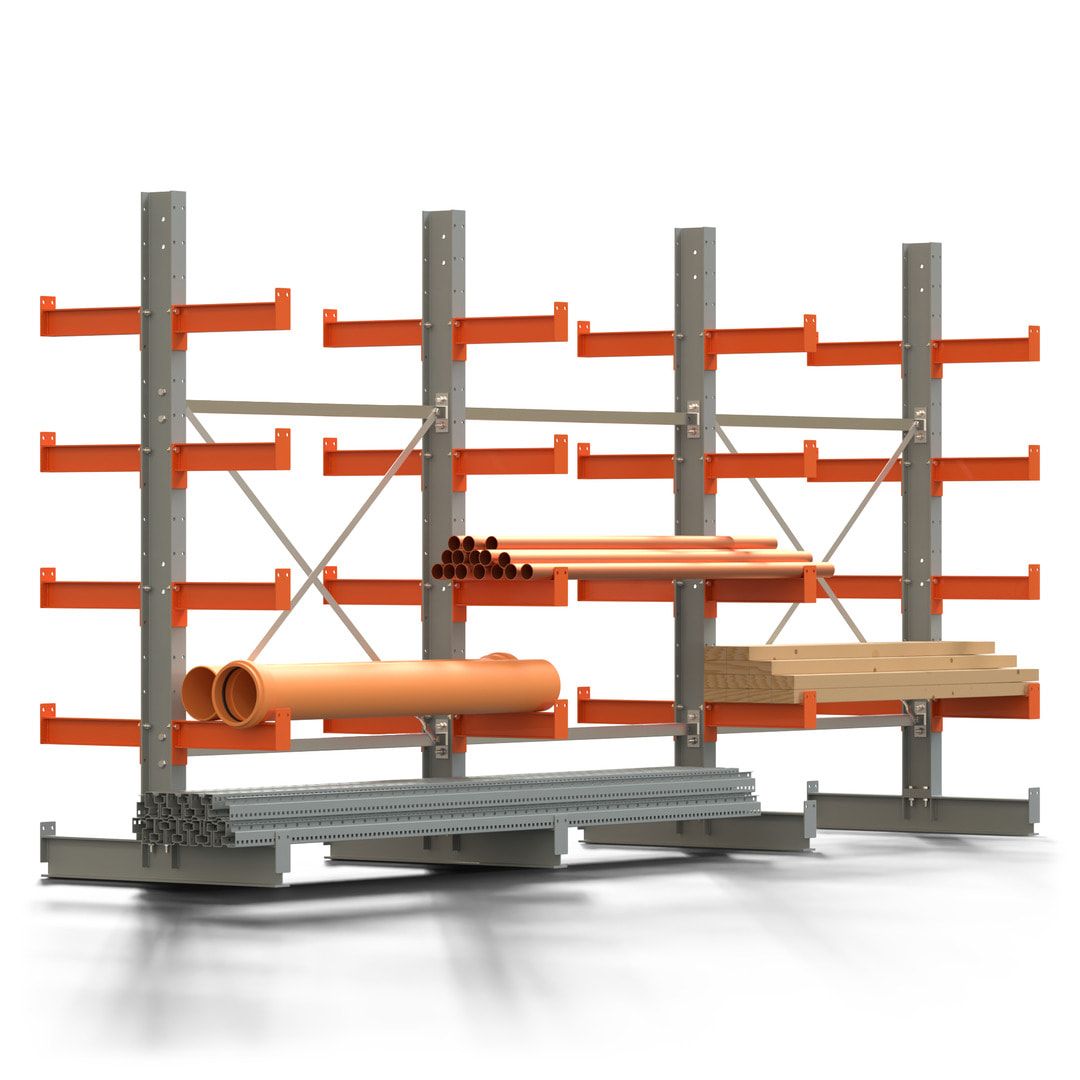 Doppelseitiges Kragarmregal, 2 Felder, 2.000 x 2.560 x 1.120 mm (HxBxT), Nutztiefe 500 mm, Kragarmlast 870 kg, KARL basic, silbergrau/reinorange