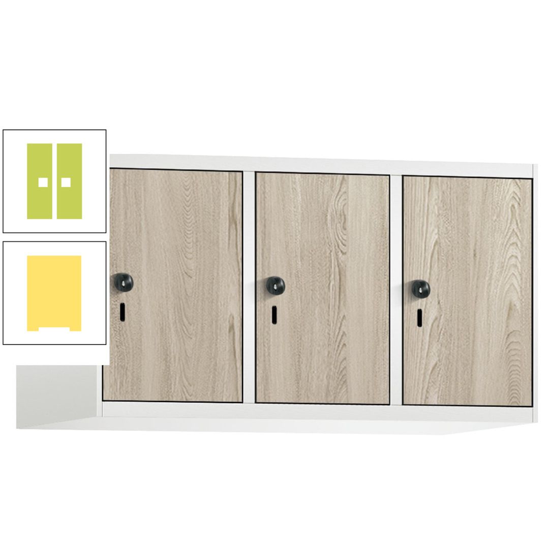 Aufsatzschrank, Schrankaufsatz, 3 Fächer a 300 mm, Farbe Pastellgelb, Tür anthrazitgrau, 500 x 900 x 500 mm (HxBxT)