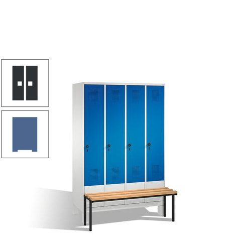 Stahl-Garderobenschrank, Spind, Buche Sitzbank vorgebaut, 4 Abteile a 300 mm, Korpus Lichtgrün, Tür Schwefelgelb, 1.850 x 1.200 x 815 mm (HxBxT)