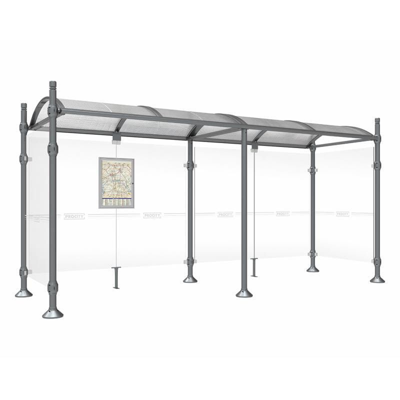 Buswartehalle, Unterstand, 2 Seitenwände, Kopf gebürsteter Edelstahl, ESG, Fahrplanschaukasten, 2.500 x 2.500 x 1.600 mm (HxBxT), Farbe enzianblau