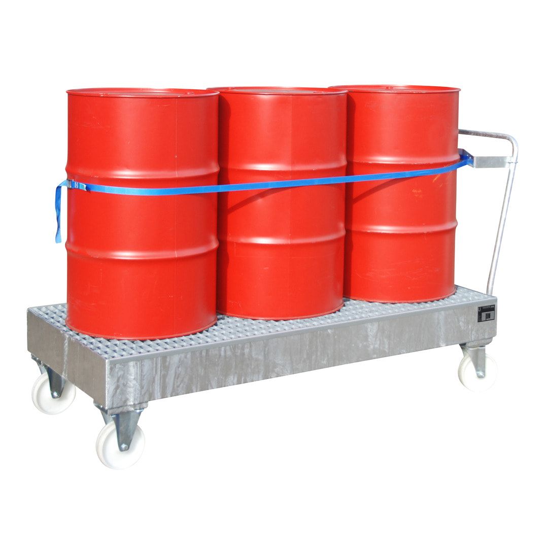 Auffangwanne - fahrbar - für 3 Fässer - 202 l Volumen - Gitterrost - feuerrot