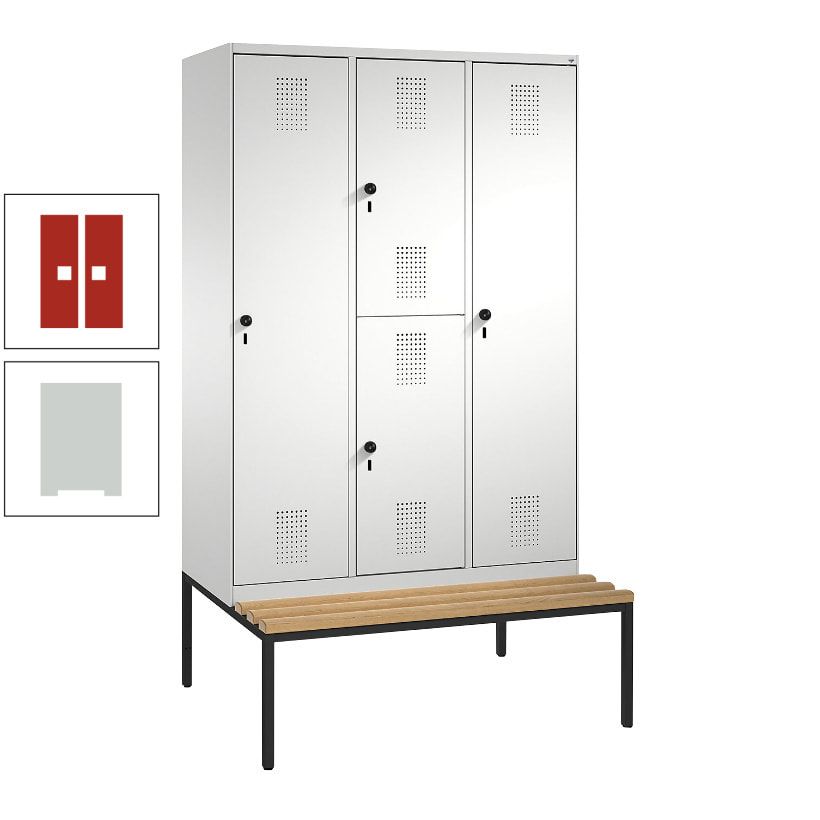 Garderobenschrank, Spind ein- und doppelstöckig Sitzbank, 3 Abteile, 4 Fächer, 2.090x1.200x500 mm (HxBxT), Front anthrazitgrau, Korpus anthrazitgrau
