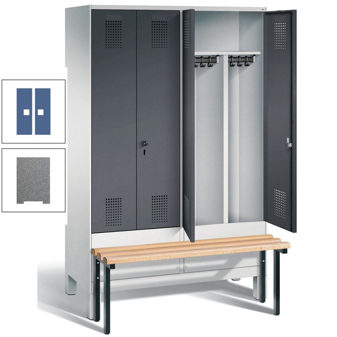 Doppel-Spind, Garderobenschrank, Buche Sitzbank vorgebaut, 4 Abteile a 300 mm, Korpus feuerrot, Tür Wasserblau, 1.850 x 1.200 x 815 mm (HxBxT)