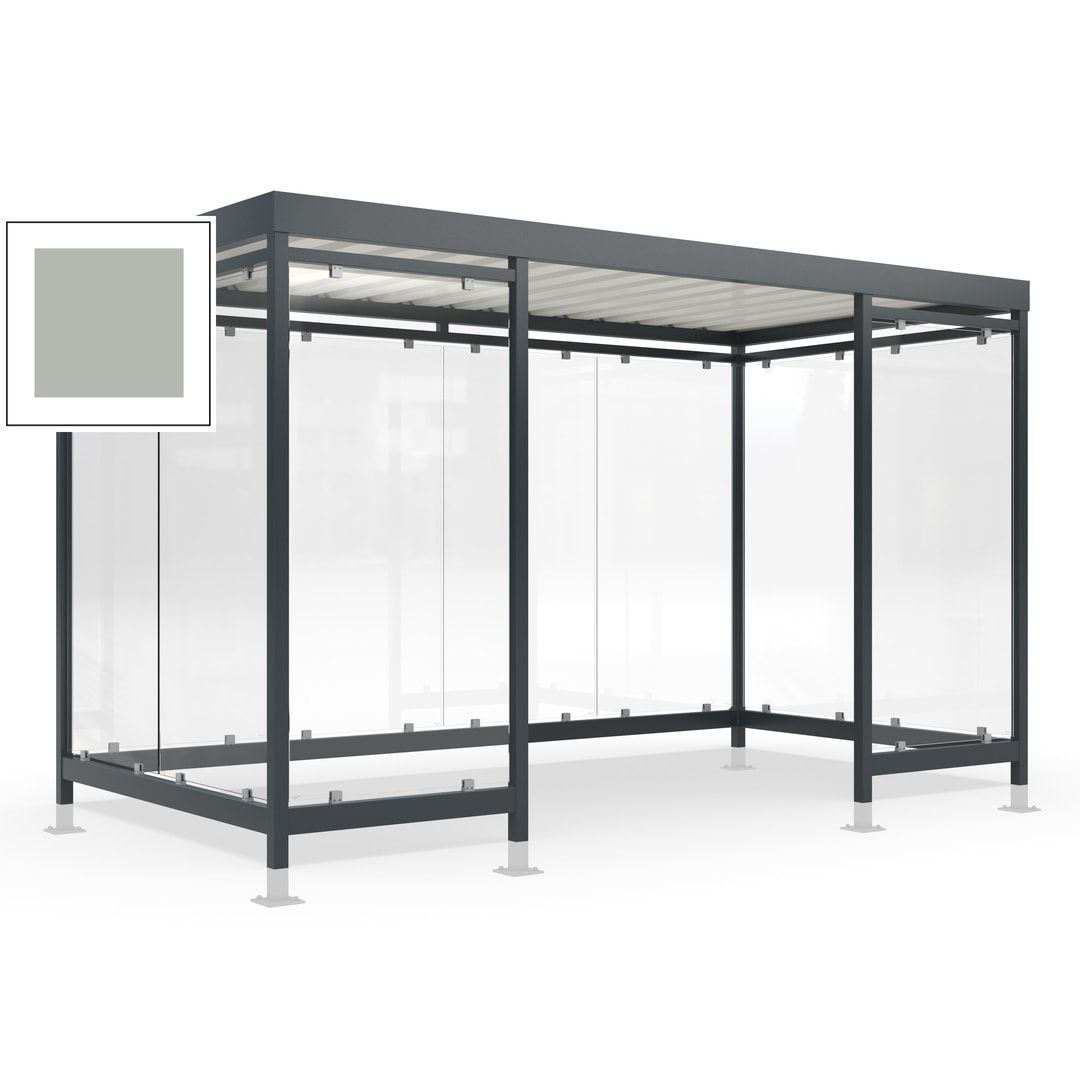 Raucherunterstand für 12-13 Personen, Bushaltestelle, mit Überpflasterung, 2.440 x 4.195 x 2.165 mm (HxBxT), 10 Wände, Achatgrau