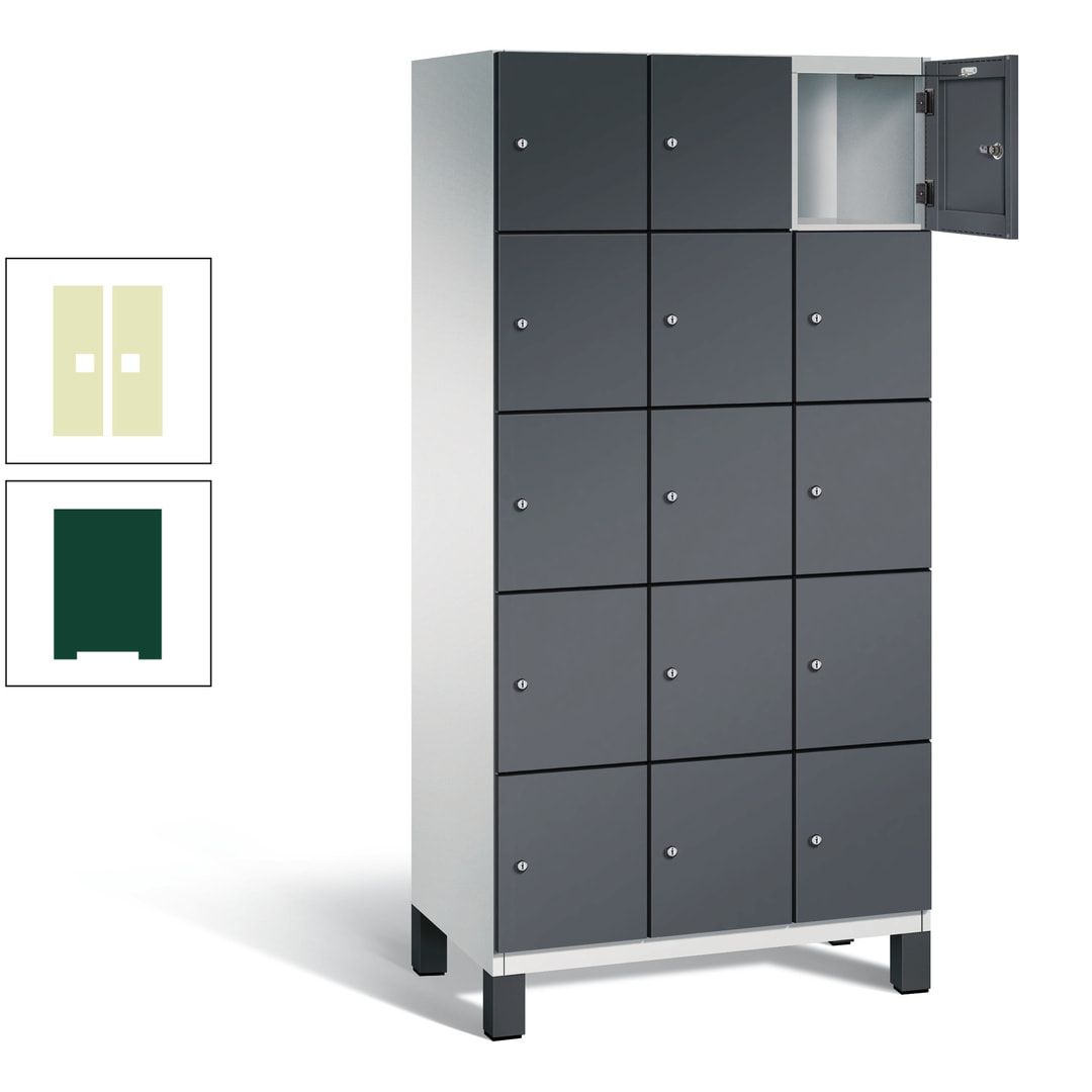 Fächerschrank, Stahlschrank, 15 Fächer, Türöffnungsbegrenzer, Füße, 1.980 x 900 x 525 mm (HxBxT), Korpus anthrazitgrau, Front anthrazitgrau