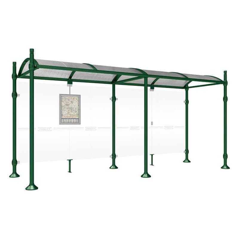 Buswartehalle, Unterstand, 2.500 x 2.500 x 1.600 mm (HxBxT), Kopfmodell Agora, ESG, Fahrplanschaukasten, Farbe enzianblau