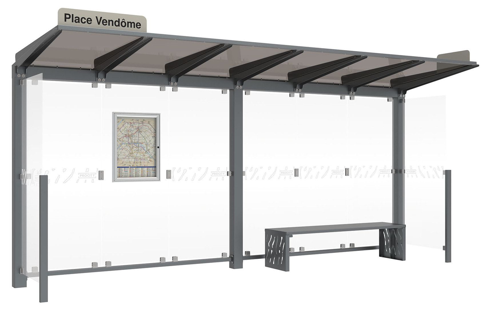 Buswartehalle - Unterstand - 2 Seitenverkleidungen - LED - Fahrplankasten - Haltestellenschild - 2.390 x 5.000 x 1.500 mm (HxBxT) - enzianblau