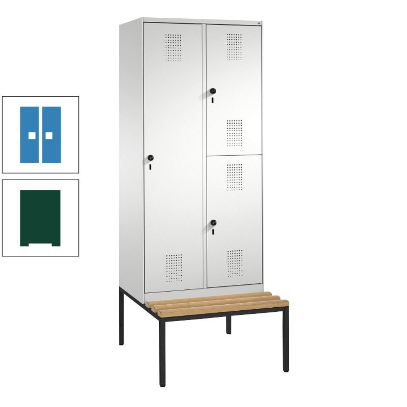 Garderobenschrank, Spind ein- und doppelstöckig Sitzbank, 2 Abteile, 3 Fächer, 2.090 x 800 x 500 mm (HxBxT), Front anthrazitgrau, Korpus anthrazitgrau
