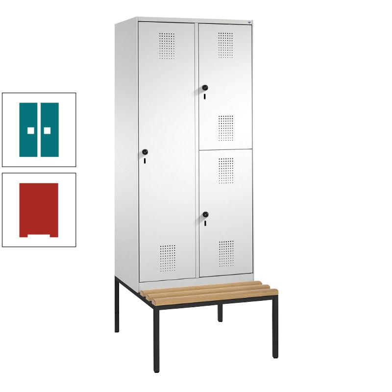 Garderobenschrank, Spind ein- und doppelstöckig Sitzbank, 2 Abteile, 3 Fächer, 2.090 x 800 x 500 mm (HxBxT), Front anthrazitgrau, Korpus anthrazitgrau