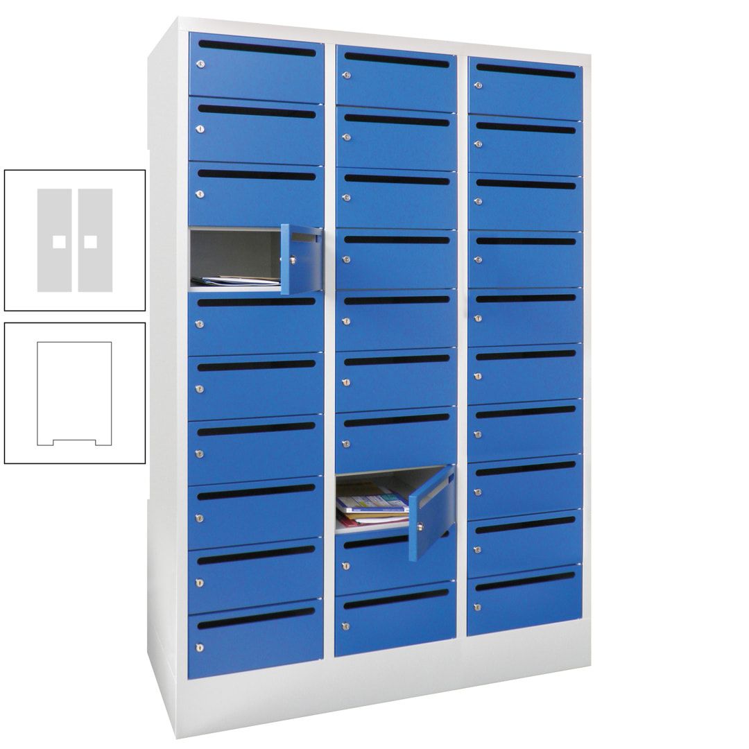 Postverteilerschrank, Schließfachschrank, 3 Abteile a 300 mm, 30 Fächer, 1.850 x 900 x 500 mm (HxBxT), Korpus anthrazitgrau, Front anthrazitgrau
