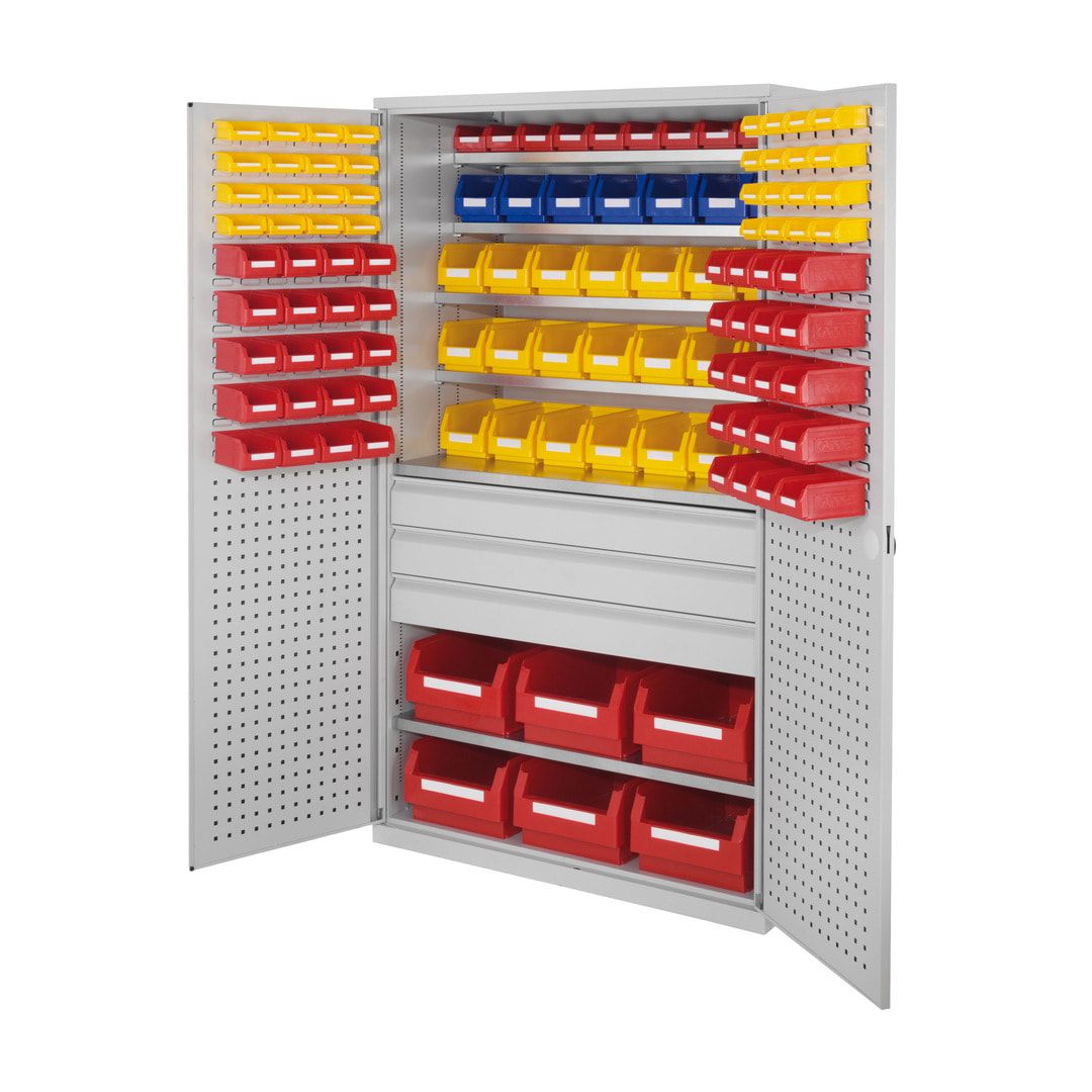 Magazinschrank - 116 Sichtlagerkästen - Loch-/Schlitzplatten Türen - 3 Schubladen - 6 Böden - 1.950 x 1.130 x 590 mm (HxBxT) - lichtgrau