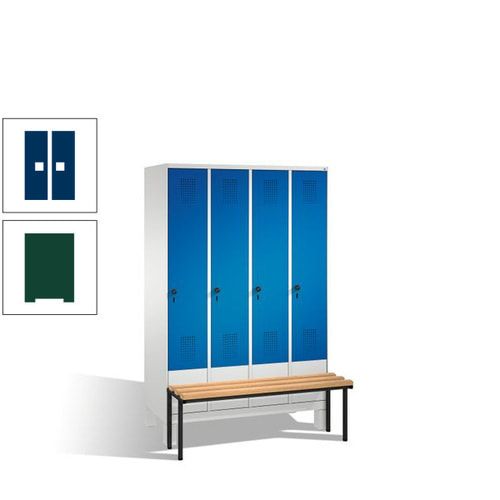 Stahl-Garderobenschrank, Spind, Buche Sitzbank vorgebaut, 4 Abteile a 300 mm, Korpus Lichtgrün, Tür Schwefelgelb, 1.850 x 1.200 x 815 mm (HxBxT)