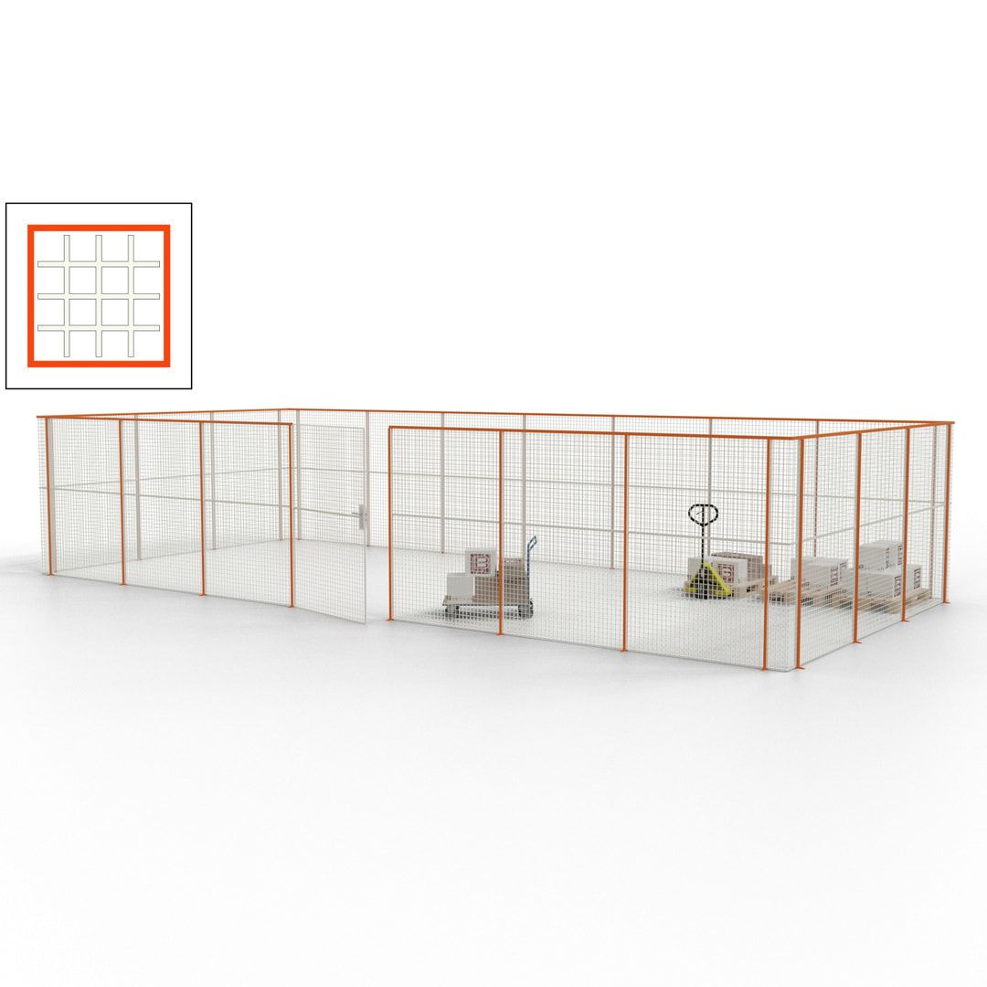 Hallentrennwand - Flügeltür, Gitter - 19 Gitterwände - 2.200 x 10.900 x 4.900 mm (HxBxT) - Perlweiß/reinorange