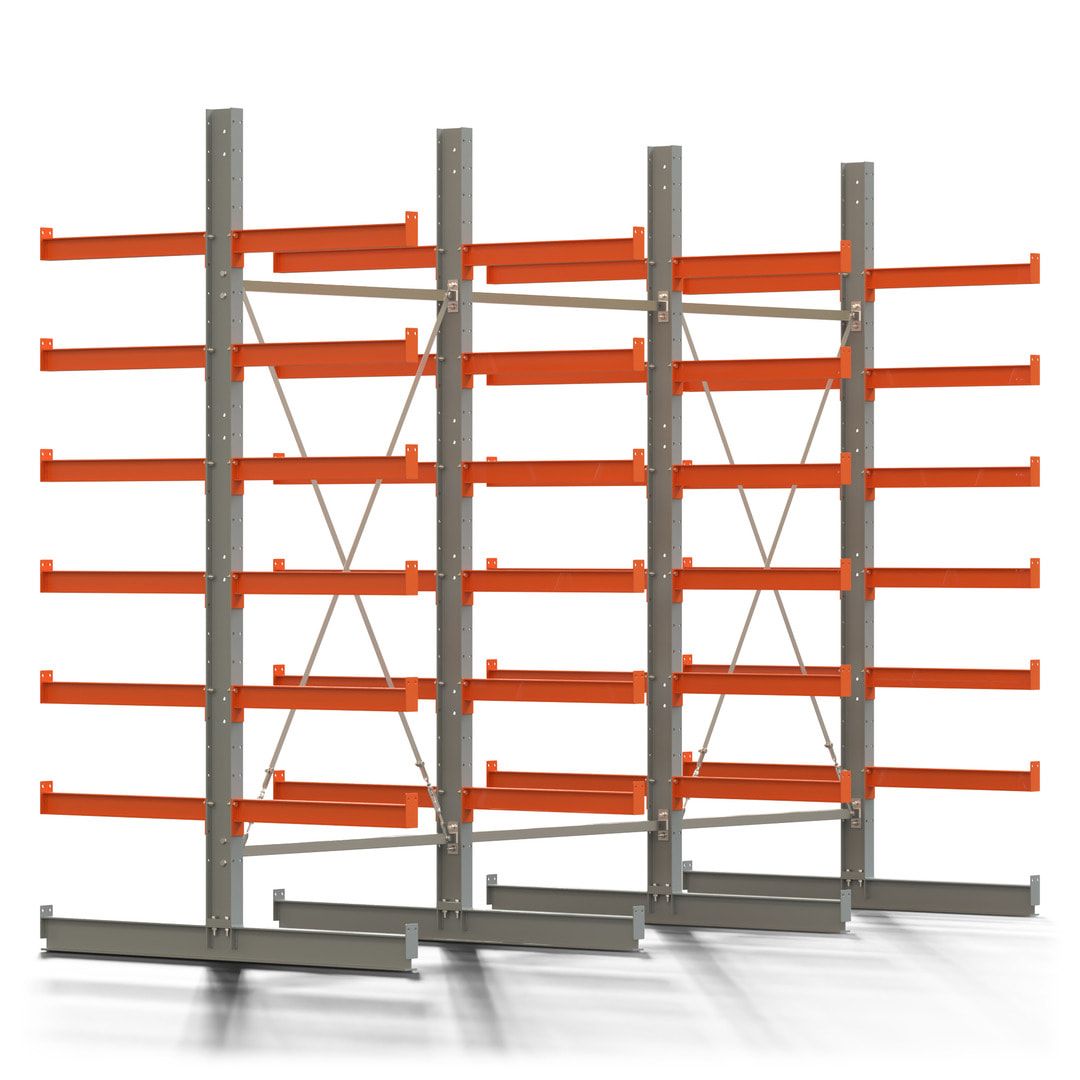 Doppelseitiges Kragarmregal, 2 Felder, 3.000 x 2.560 x 1.120 mm (HxBxT), Nutztiefe 500 mm, Kragarmlast 870 kg, KARL basic, silbergrau/reinorange