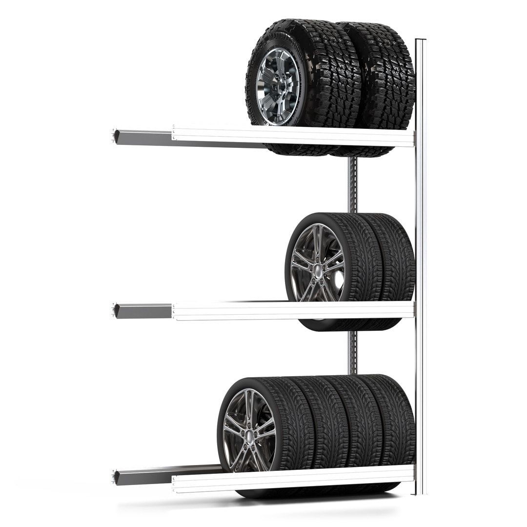 Reifenregal mit Tiefenriegel - 250 kg - 2.000 x 1.695 x 500 mm (HxBxT) - 3 Ebenen - Anbauregal - Steckregal BERT