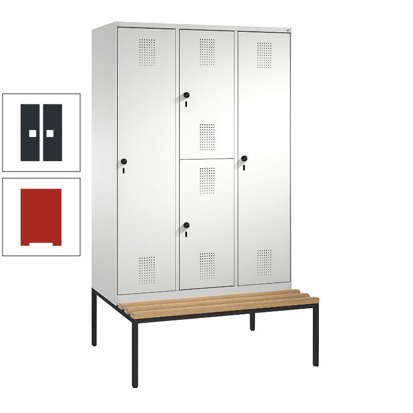 Garderobenschrank, Spind ein- und doppelstöckig Sitzbank, 3 Abteile, 4 Fächer, 2.090x1.200x500 mm (HxBxT), Front anthrazitgrau, Korpus anthrazitgrau